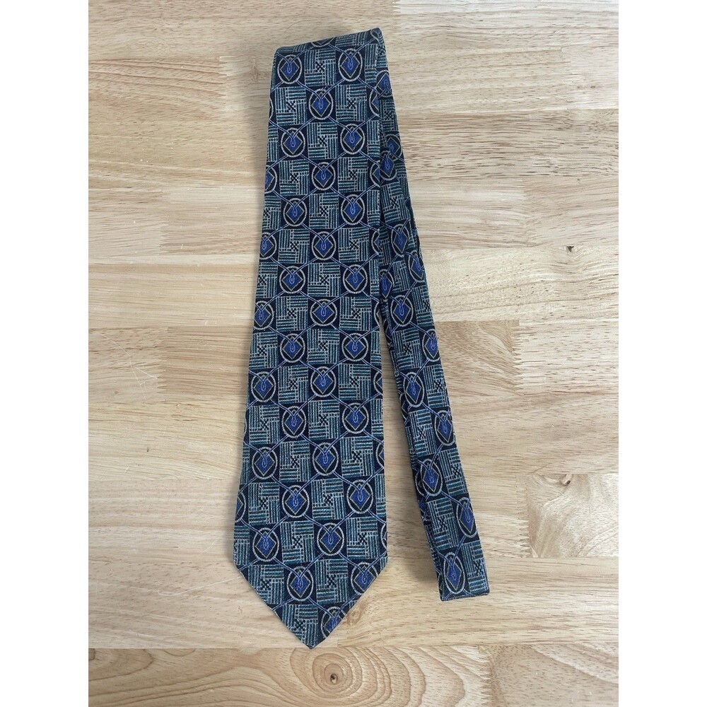 ERMENEGILDO ZEGNA Silk Necktie ITALY Luxury Geometric Blue Black White Teal - Picture 2 of 5